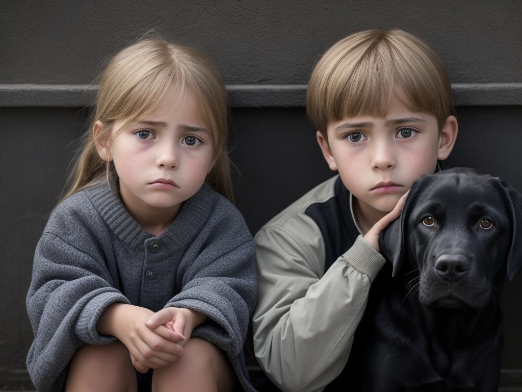 Labrador-Hündin und zwei traurige Kinder